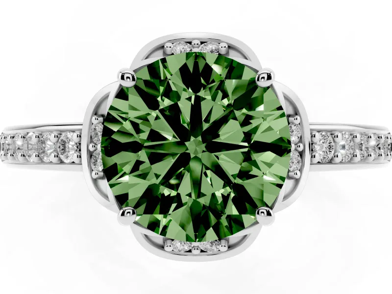 Fancy Green Round Cut Diamond Halo Ring Set in Silver with Channel Set Band and Prong Setting