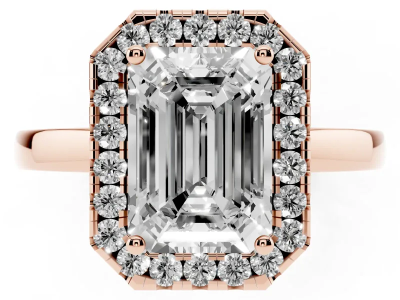 Emerald Cut Diamond Halo Solitaire Ring Set in Rose gold with Pavé Band and Prong Setting