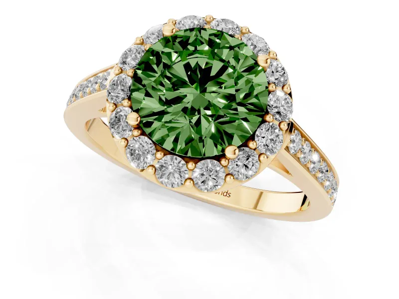 Fancy Green Round Cut Diamond Floral Halo Ring Set in Yellow gold with Pavé Band and Prong Setting