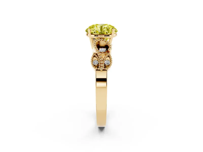 Fancy Yellow Round Cut Diamond Milgrain Leaf Band Solitaire Ring Set in Yellow gold with Accent Stones and Prong Setting
