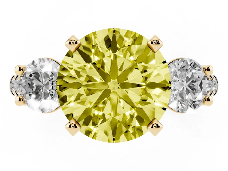 Fancy Yellow Three-Stone Round Cut Diamond Pavé Band Ring Set in Yellow gold with Prong-Set Trio