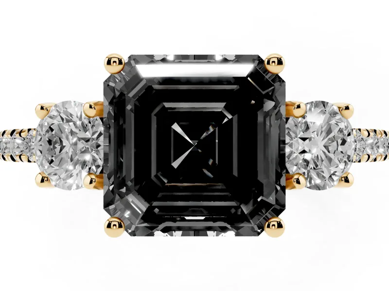 Asscher Cut Three Stone Engagement Ring Setting for a Black Center | Pavé Shoulders | Yellow Gold