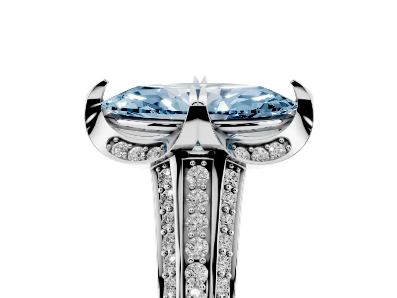 Fancy Blue Marquise Cut Diamond Pavé Split Shank Solitaire Ring Set in Silver with Prong Setting