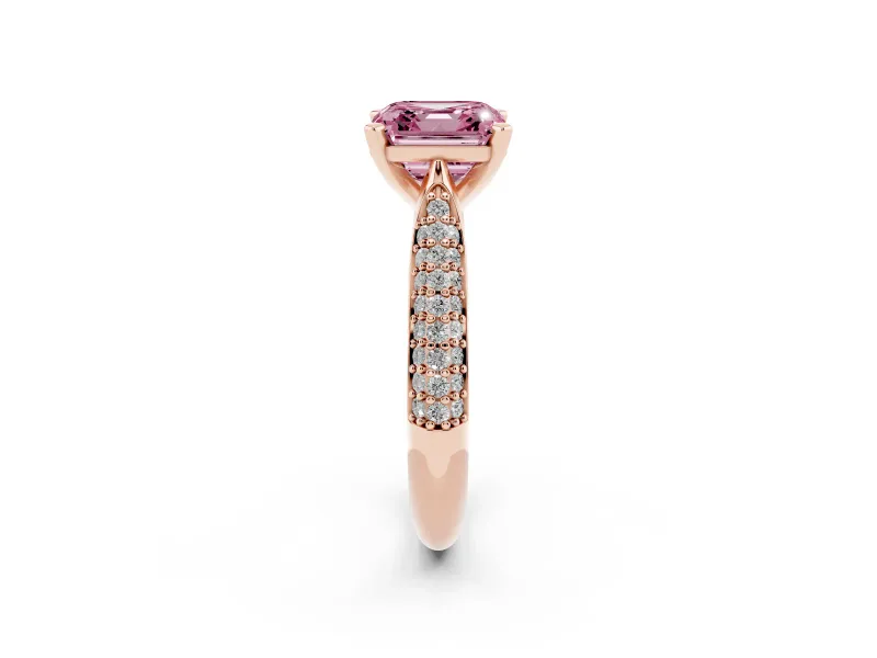 Fancy Pink Asscher Cut Diamond Solitaire Engagement Ring Set in Rose gold with Multi-Row Round Pavé Band and Prong Setting