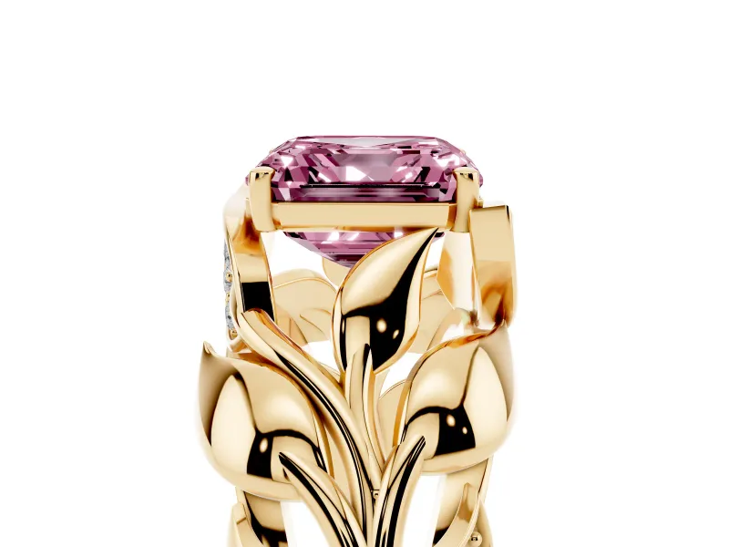 Asscher Cut Leaf Bypass Engagement Ring Setting for a Fancy Pink Lab-Grown Diamond | Yellow Gold