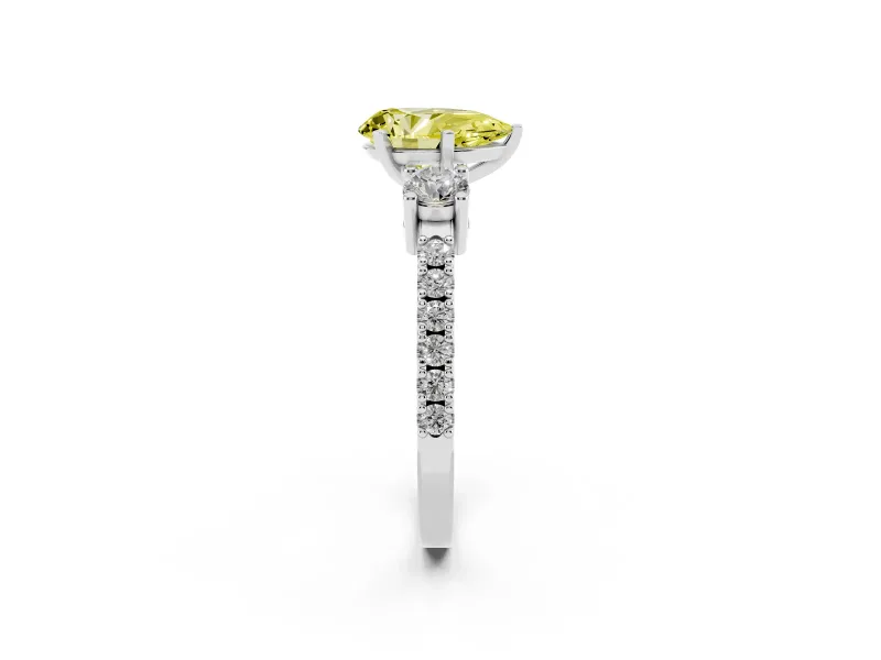 Fancy Yellow Three-Stone Pear Cut Diamond Pavé Band Ring Set in Platinum with Prong Setting
