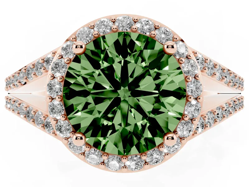 Round Halo Engagement Ring Setting for a Fancy Green Lab-Grown Diamond | Pave Split Shank | Rose Gold