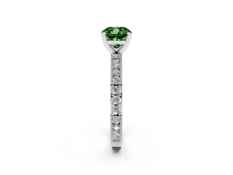 Fancy Green Cushion Cut Diamond Solitaire Ring Set in Silver with Slim Pavé Band and Prong Setting