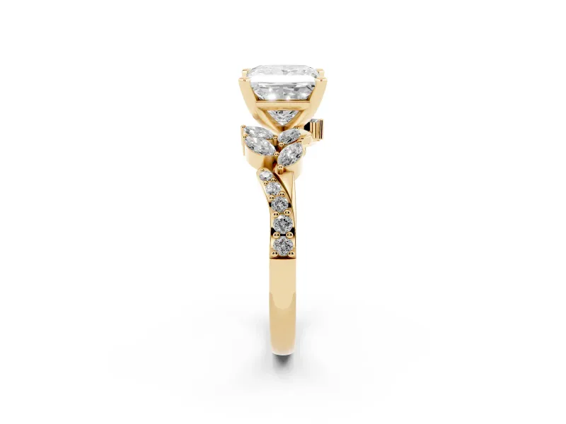 Princess Cut Diamond Solitaire Ring Set in Yellow gold with Marquise Twist Band and Prong Setting