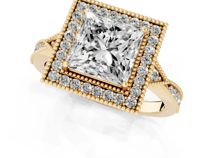 Princess Cut Diamond Halo Engagement Ring Set in Yellow gold with Milgrain Pavé Band