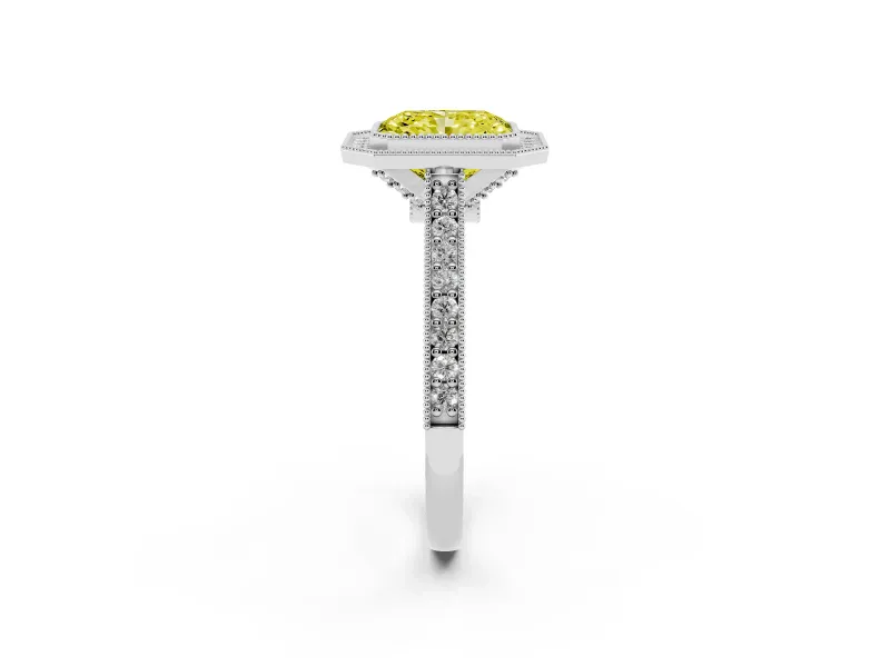 Radiant Cut Vintage Milgrain Halo Engagement Ring Setting for a Fancy Yellow Lab-Grown Diamond | Bezel Head | Platinum