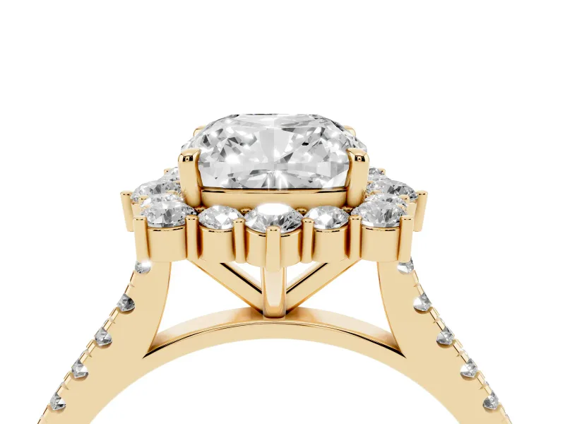 Cushion Cut Scalloped Halo Engagement Ring Setting | Single Row Pave | Yellow Gold
