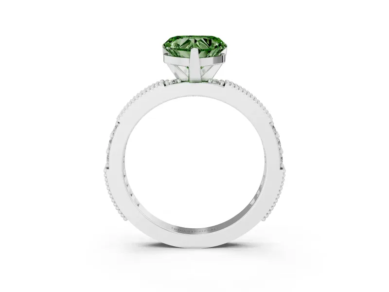 Fancy Green Heart Cut Diamond Solitaire Ring Set in Silver with Slim Pavé Band and Prong Setting