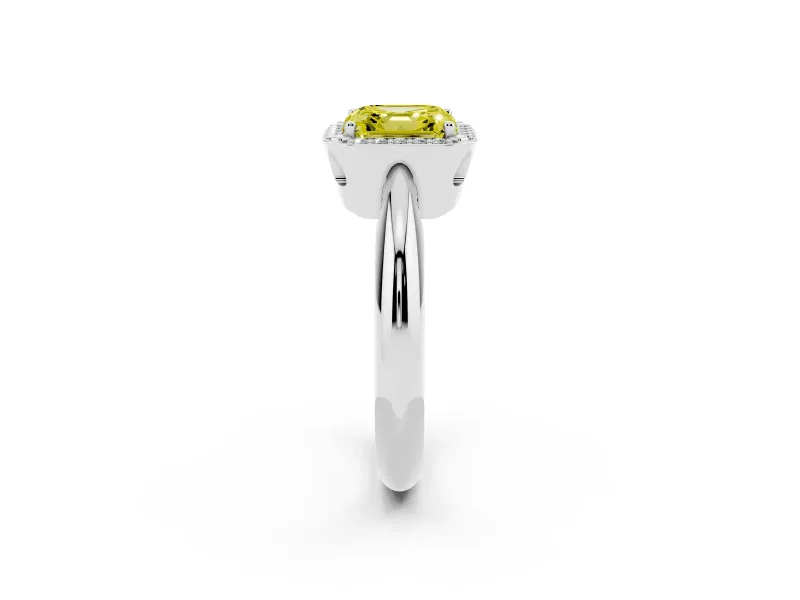Fancy Yellow Asscher Cut Diamond Halo Engagement Ring Set in Platinum with Plain Split Shank and Prong Setting