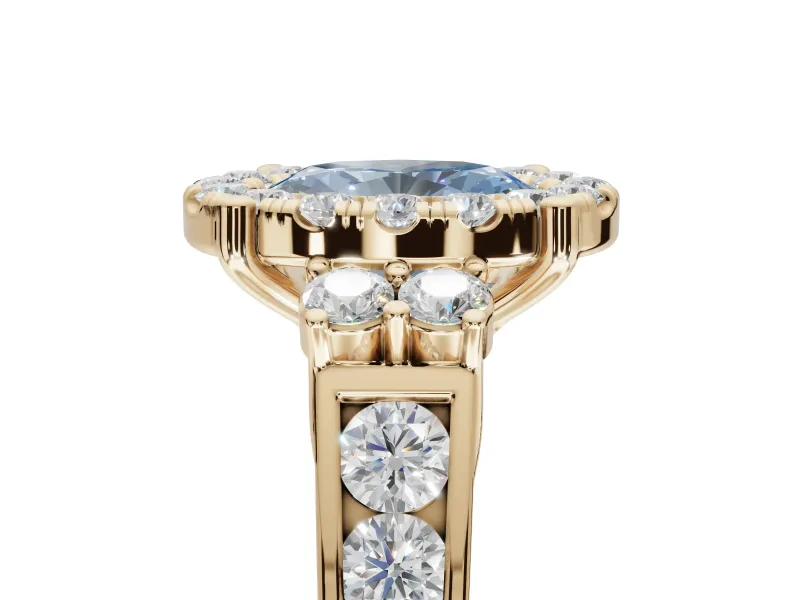 Oval Halo Engagement Ring Setting for a Fancy Blue Lab-Grown Diamond | Side Clusters | Yellow Gold