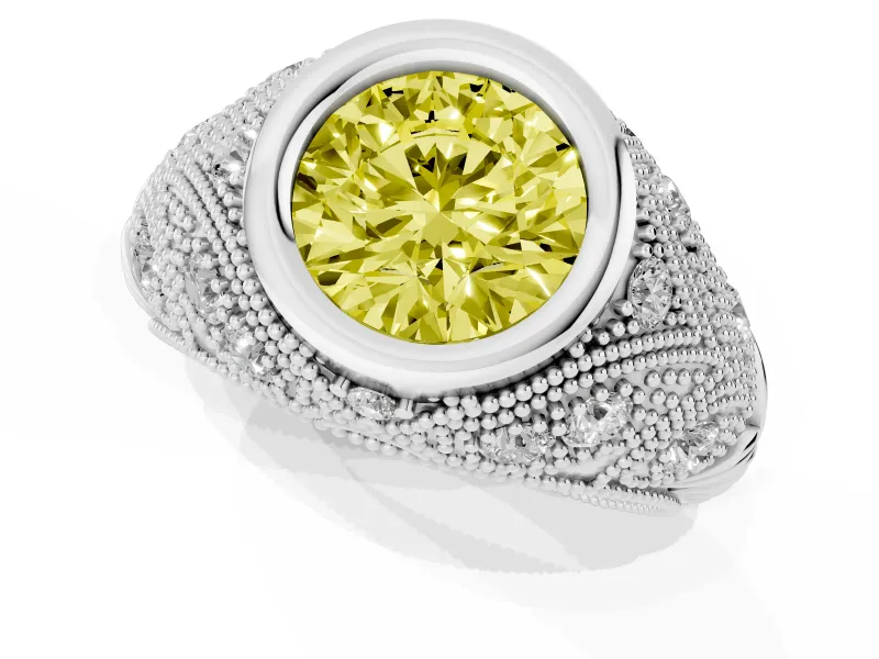 Fancy Yellow Round Cut Diamond Bezel Ring Set in Platinum with Milgrain Accent Band