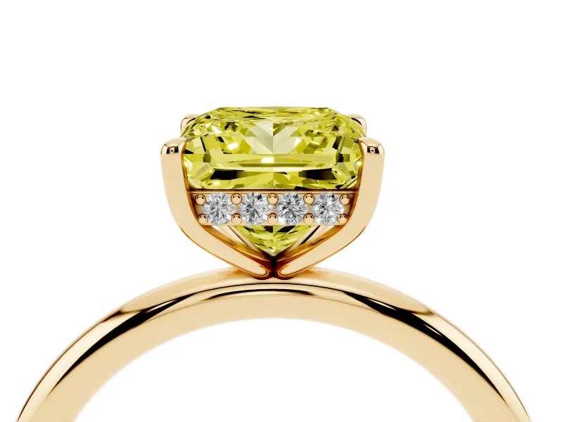 Fancy Yellow Princess Cut Diamond Solitaire Ring Set in Yellow gold with Thin Band and Prong Setting