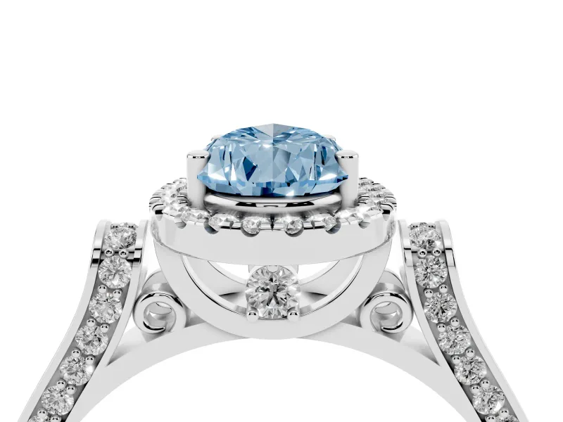 Fancy Blue Pear Cut Diamond Halo Ring Set in Silver with Pavé-Lined Split Shank Band