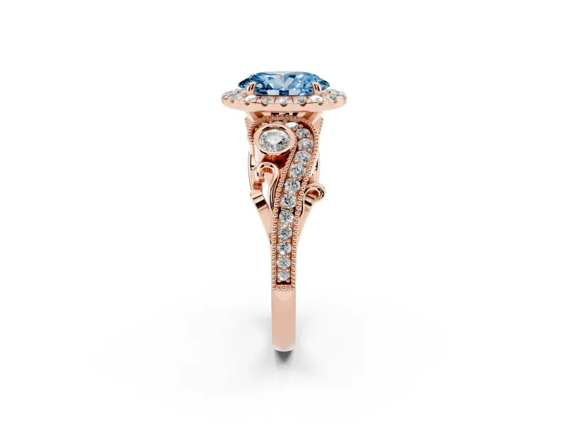 Fancy Blue Oval Cut Diamond Halo Ring Set in Rose gold with Milgrain Pavé Band and Prong Setting