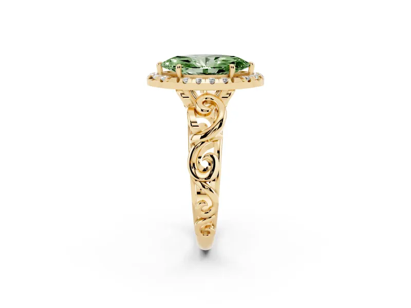Fancy Green Marquise Cut Diamond Halo Ring Set in Yellow gold with Scrollwork Band and Prong Setting