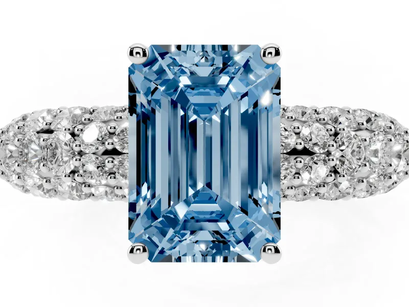 Emerald Cut Multi Row Pave Engagement Ring Setting for a Fancy Blue Lab-Grown Diamond | White Gold
