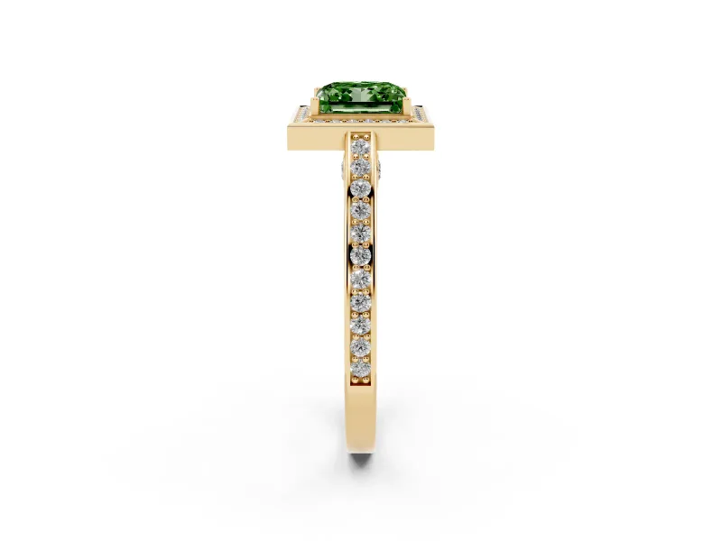 Fancy Green Princess Cut Diamond Halo Pavé Split Shank Ring Set in Yellow gold with Prong Setting