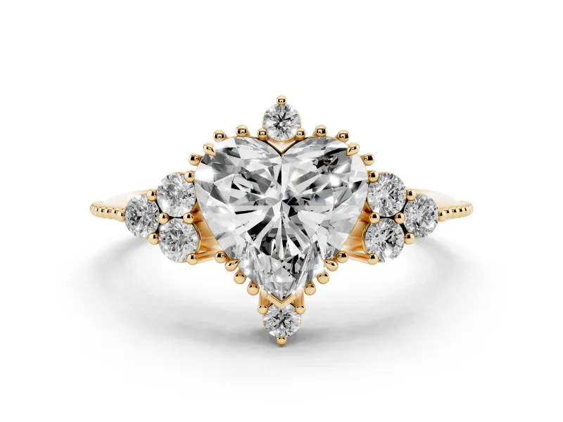 Heart Cut Diamond Cluster Ring Set in Yellow gold with Beaded Band