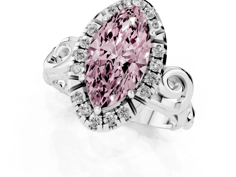 Fancy Pink Marquise Cut Diamond Halo Ring Set in Platinum with Scrollwork Band and Prong Setting