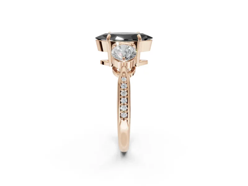 Fancy Black Marquise Lab-Grown Diamond Three-Stone Ring Set in Rose Gold with Channel-Set Band and Prong Setting