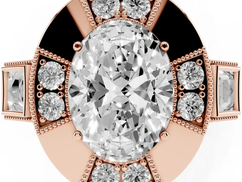 Oval Cut Diamond Milgrain Halo Ring Set in Rose gold with Split Shank