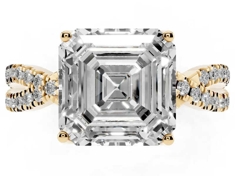 Asscher Cut Twisted Split Shank Pave Engagement Ring Setting | Pave Gallery | Yellow Gold