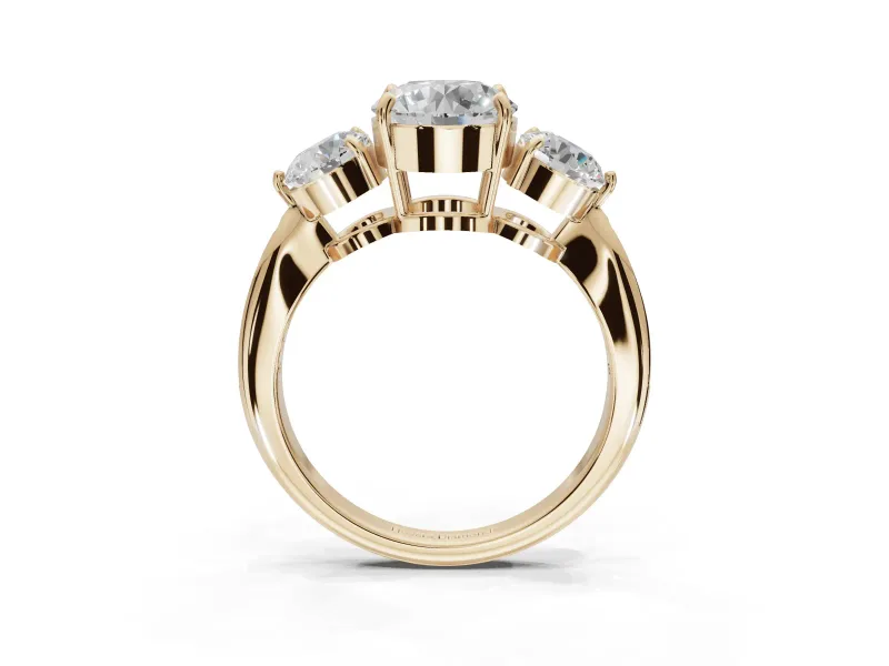Round Three Stone Engagement Ring Setting | Tapered Pave Band | Yellow Gold
