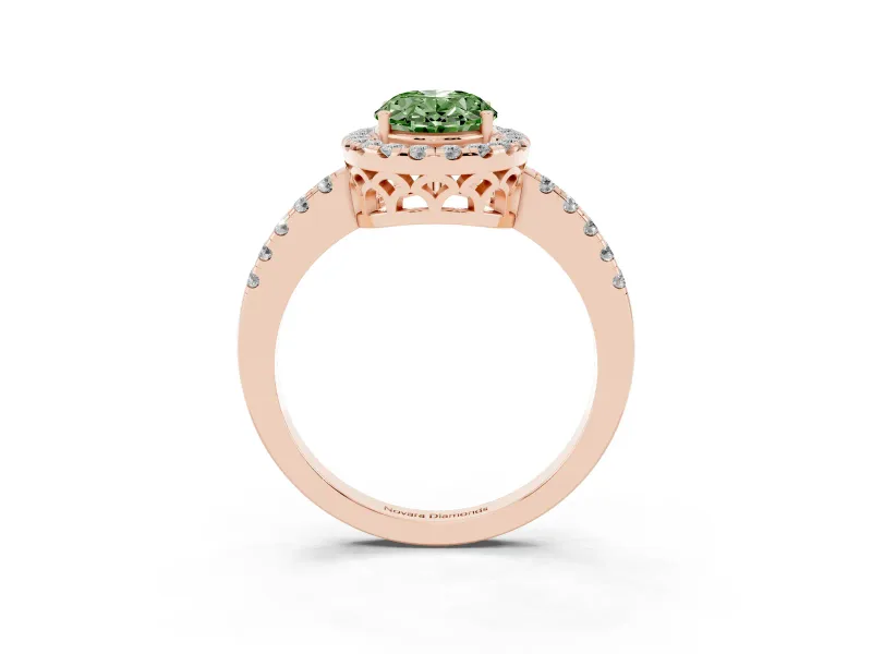 Fancy Green Oval Cut Diamond Pavé Band Halo Engagement Ring Set in Rose gold with Prong Setting
