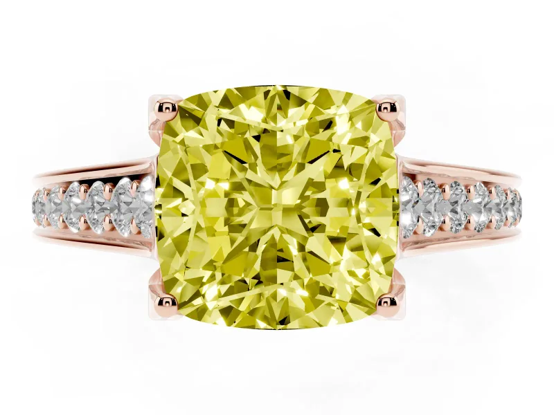 Fancy Yellow Cushion Cut Diamond Solitaire Pavé Engagement Ring Set in Rose gold with Prong Setting