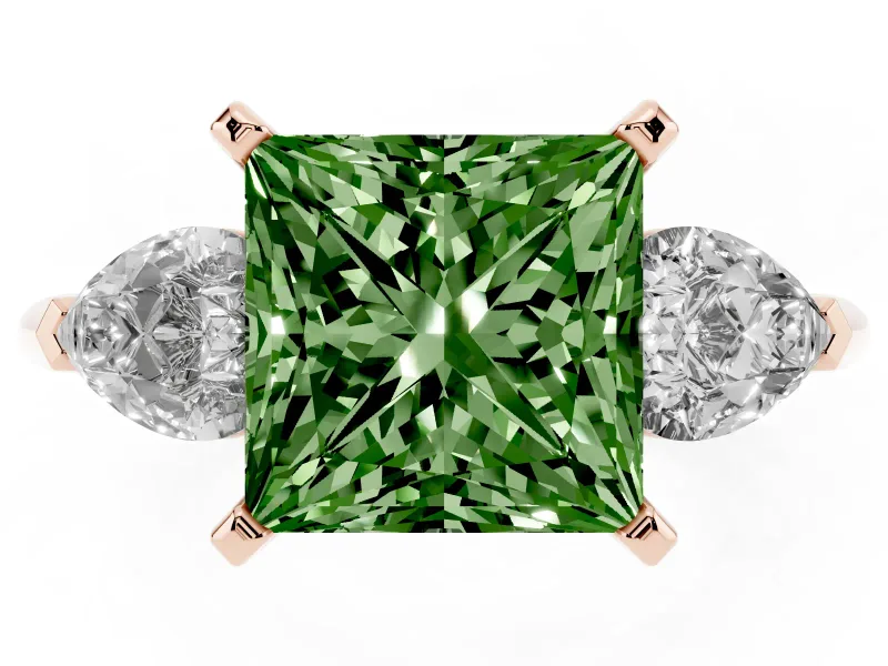 Fancy Green Three-Stone Princess Cut Diamond Ring Set in Rose gold with Pear Side Stones and Prong Setting