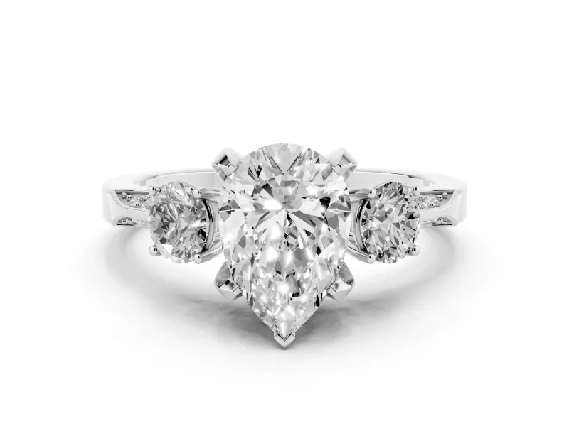 Pear Cut Diamond Three-Stone Ring Set in Silver with Pavé Band and Smaller Side Stones