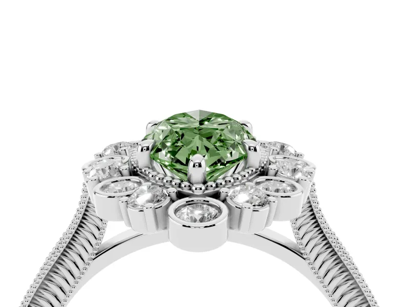 Fancy Green Marquise Cut Diamond Halo Milgrain Pavé Ring Set in White gold with Prong Setting