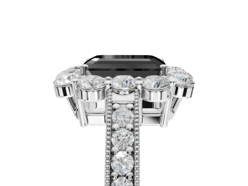 Fancy Black Emerald Cut Lab-Grown Diamond Halo Pavé Engagement Ring Set in Sterling Silver with Milgrain Detailing