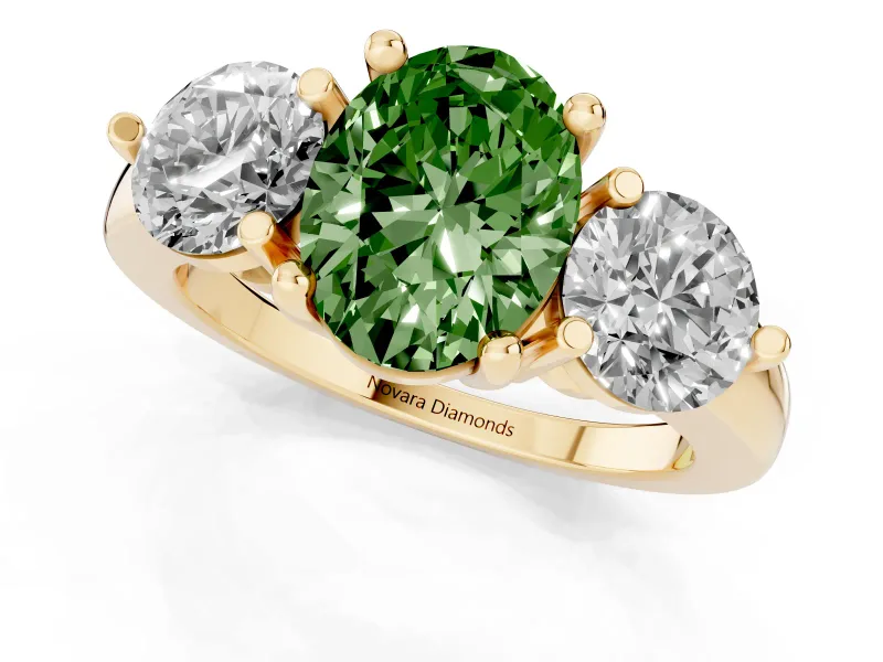 Oval Three Stone Engagement Ring Setting for a Fancy Green Lab-Grown Diamond | Open Prong Baskets | Yellow Gold