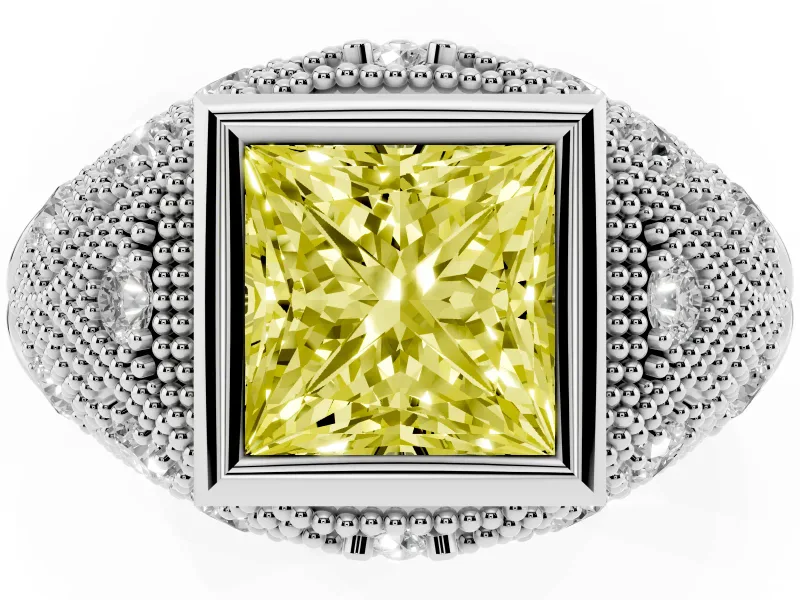 Fancy Yellow Princess Cut Diamond Bezel Ring Set in White gold with Milgrain Accent Band