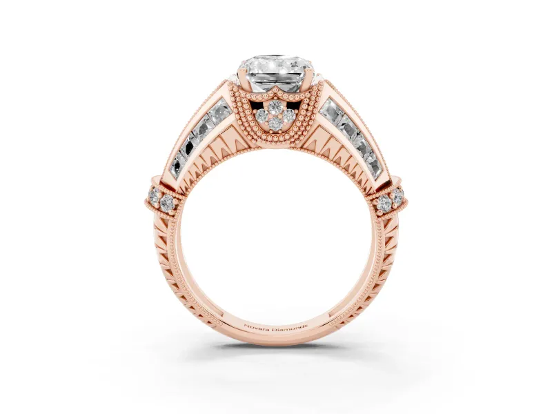 Radiant Cut Diamond Vintage-Inspired Milgrain Ring Set in Rose gold with Accent Split Shank