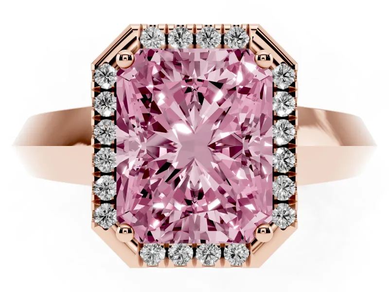 Fancy Pink Radiant Cut Diamond Halo Ring Set in Rose gold with Cathedral Band and Prong Setting