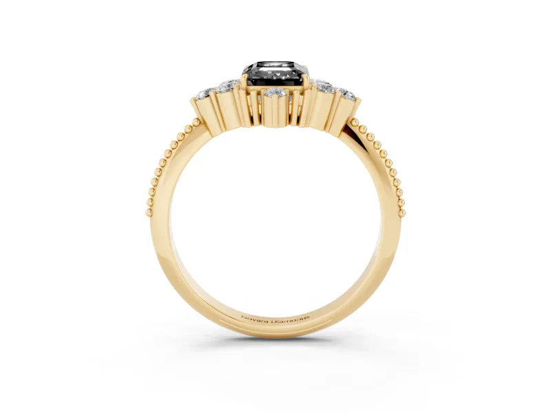 Emerald Cut Vintage Cluster Engagement Ring Setting for a Black Center | Beaded Edges | Yellow Gold