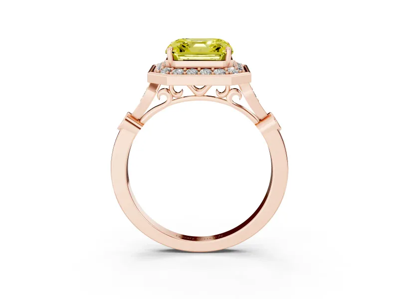 Asscher Cut Halo Engagement Ring Setting for a Fancy Yellow Lab-Grown Diamond | Bezel Station Shoulders | Rose Gold