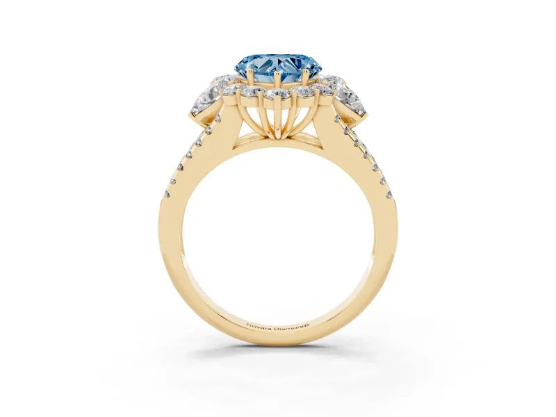 Fancy Blue Heart Cut Diamond Halo Split Shank Engagement Ring Set in Yellow gold with Prong-Held Center Stone