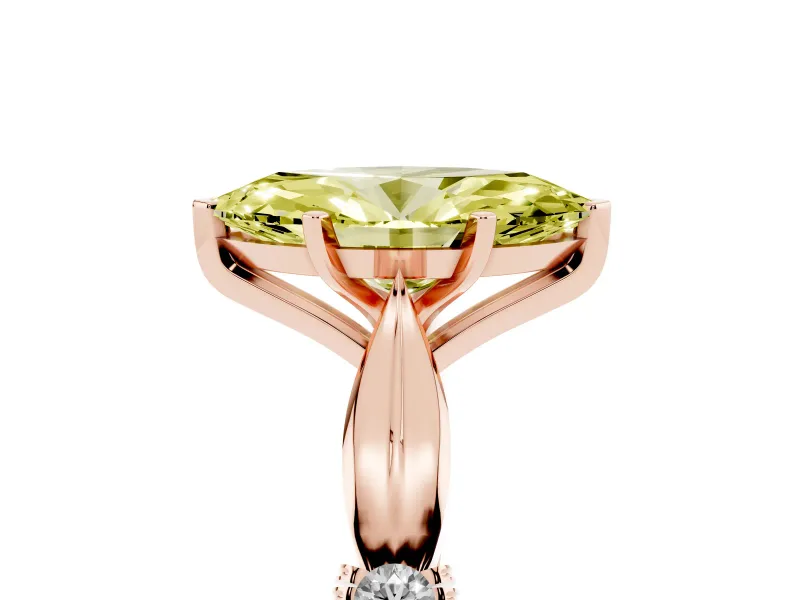 Fancy Yellow Marquise Cut Diamond Solitaire Twisted Band Ring Set in Rose gold with Accent Stones and Prong Setting