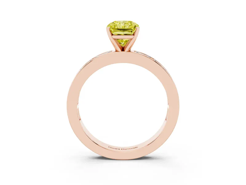 Fancy Yellow Radiant Cut Diamond Solitaire Ring Set in Rose gold with Channel-Set Baguette Band and Prong Setting