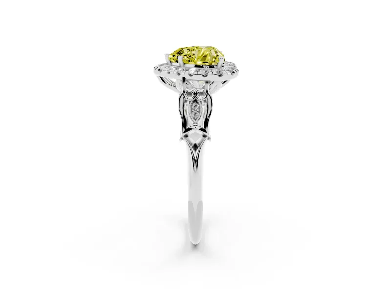 Heart-Shaped Halo Engagement Ring Setting for a Fancy Yellow Lab-Grown Diamond | Filigree Shoulders | White Gold
