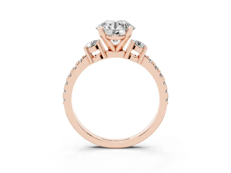 Three-Stone Round Cut Diamond Pavé Band Ring Set in Rose gold with Prong Setting