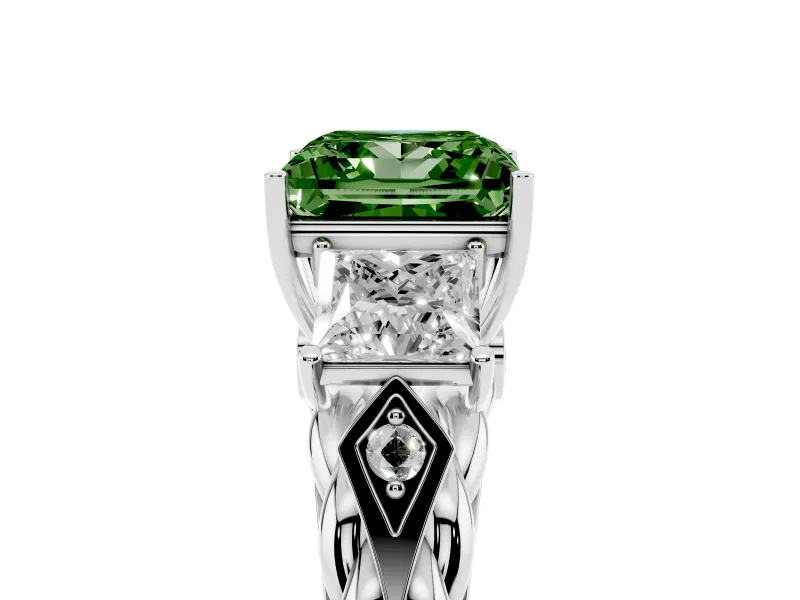 Fancy Green Princess Cut Diamond Three-Stone Ring Set in Silver with Braided Band